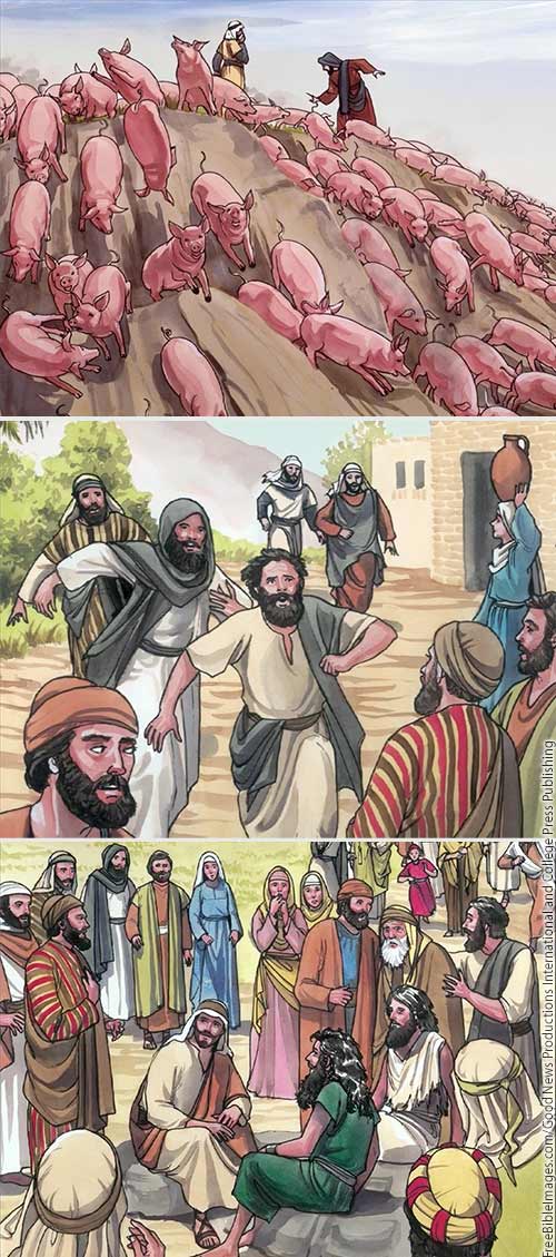 Demoniac healing and pigs - FreeBibleImages.com/Good News Productions International and College Press Publishing